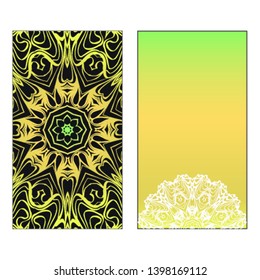 Vector template for inviatation card. Patterns with decorative round floral mandala.