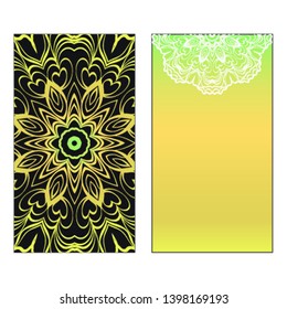 Vector template for inviatation card. Patterns with decorative round floral mandala.