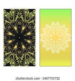 Vector template for inviatation card. Patterns with decorative round floral mandala.