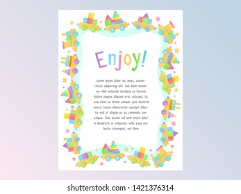 Vector template for invitation or birthday card for baby shower party with simple colorful decorative illustrations of toys and wooden railroad with train.  Cute postcard with decoration border