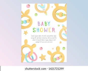 Vector template for invitation or birthday card for baby shower party with simple colorful decorative illustrations of toys and wooden rattles and pacfiers.  Cute postcard with decoration 