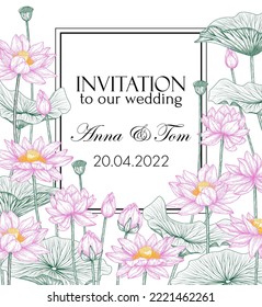 Vector template of invitation garden with lotus flowers in engraving style
