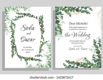 Vector template for invitation. Golden polygonal frame, green plants and leaves, eucalyptus.