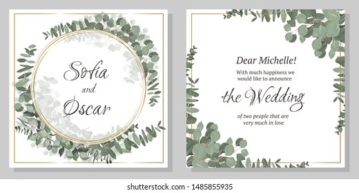 Vector template for invitation. Golden round frame, green plants and leaves, eucalyptus.