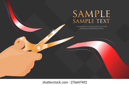Vector template of invitation Grand opening card with red ribbon cut by hand holding gold scissors
