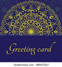 Vector template for invitation, greeting card and more in blue and gold with decorative element mandala.