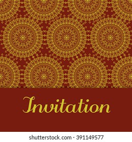 Vector template for invitation, greeting card and more in gold with decorative element mandala.
