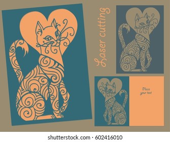 Vector template for invitation or greeting card with heart and an elegant female cat, decorated with swirly ornament. Artistic design for laser cutting, salmon and dark turquoise colors. 