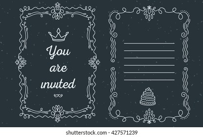 Vector template of invitation with lace frame, inscription you are invited and crown of white color on black background. Flat thin line art design to make a party card, wedding invitation, postcard