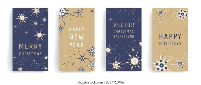 Vector template for invitations, social media posts, stories, banners, mobile apps. Elegant Christmas and New Year background texture with gold snowflakes, sparkles on blue with copy space for text