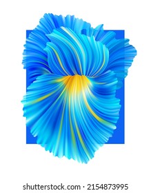 Vector template of an isolated abstract 3D flower on a blue rectangle. Floral colorful illustration with volumetric iris for greeting card, poster, banner, background