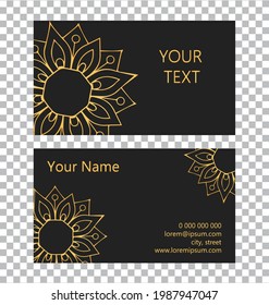Vector template isolated business card. 3d volumetric convex embossed geometric abstract gold pattern on a black background. Islam, Arabic, Indian, Ottoman motives.