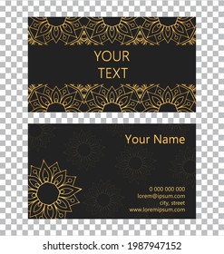 Vector template isolated business card. 3D volumetric convex embossed geometric decorative gold pattern on a black background. Islam, Arabic, Indian, Ottoman motives.