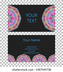 Vector template isolated business card. 3D volumetric convex embossed geometric beautiful ethnic pattern. Islam, Arabic, Indian, Ottoman motives on a black background.