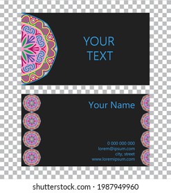 Vector template isolated business card. 3D volumetric convex relief geometric beautiful unique pattern. Islam, Arabic, Indian, Ottoman motives on a black background.