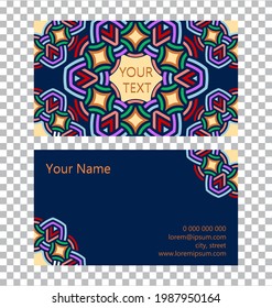 Vector template isolated business card. 3d volumetric convex embossed geometric stylish ethnic pattern. Islam, Arabic, Indian, Ottoman motives on a blue background.