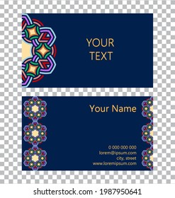 Vector template isolated business card. 3D volumetric convex embossed geometric original ethnic pattern. Islam, Arabic, Indian, Ottoman motives on a blue background.
