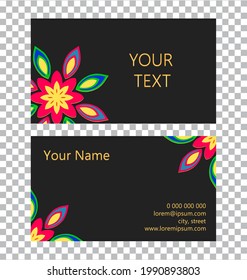 Vector template isolated business card. Floral geometric art pattern on black. Ethnic motives of the peoples of the East.