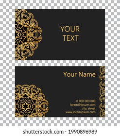 Vector template isolated business card. 3d volumetric convex embossed geometric golden exotic pattern on a black background. Ethnic motives of the peoples of the East.