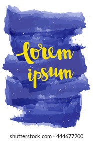 Vector template with isolated watercolor brush strokes and gold ink spots. Dark blue color