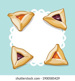 Vector template for Jewish holiday Purim with traditional Hamantaschen cookies (Haman’s ears)