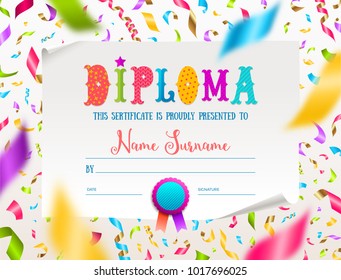 Diploma vectorial de niños para jardín de infantes, escuela, preescolar o escuela de recreo. Diseño de tipo de certificado multicolor en papel blanco y confetti colorido.