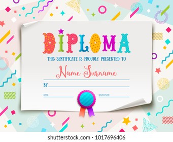 Vector template of kids diploma for kindergarten, school, preschool or playschool. Multicolored certificate type design on a abstract shape colorful background.