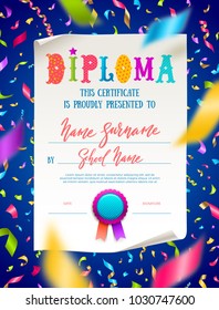 Vector template of kids diploma for kindergarten, school, preschool or playschool. Multicolored certificate type design on a white paper and colorful falling confetti.