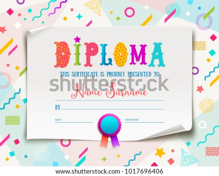 Vector template of kids diploma for kindergarten, school, preschool or playschool. Multicolored certificate type design on a abstract shape colorful background.