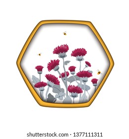 Vector template label with hand draw thistles and bees in hexagon honey comb. Design for honey labels, thistle oil, cosmetics shop, natural and organic products.
