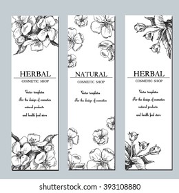 Vector template label with hand-draw spring flowers/Flowering branches. Layout, mockup design for cosmetics, store, natural and organic products. Spring background