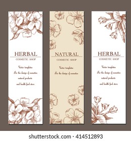 Vector template label with hand-draw spring flowers/Flowering branches. Layout, mockup design for cosmetics, store, natural and organic products. Spring background