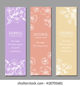 Vector template label with hand-draw spring flowers/Flowering branches. Layout, mockup design for cosmetics, store, natural and organic products. Spring background