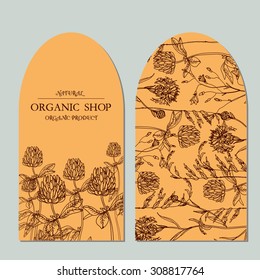 Vector template label with hand-draw wild flowers and herbs. Layout, mockup design for cosmetics, store, natural and organic products