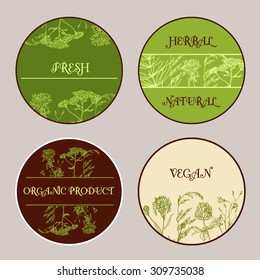 Vector template label with hand-draw wild flowers and herbs. Layout, mockup design for cosmetics, store, natural and organic products