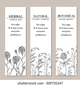 Vector template label with hand-draw wild flowers and herbs. Layout, mockup design for cosmetics, store, natural and organic products