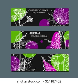 Vector template Label with hand-draw wild flowers and herbs. Layout/ Mockup design for beauty salon, spa, cosmetics, store, label, natural and organic products