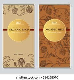 Vector template Label with hand-draw wild flowers and herbs. Layout, mockup design for cosmetics, store, label, natural and organic products