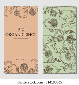 Vector template Label with hand-draw wild flowers and herbs. Layout, mockup design for cosmetics, store, label, natural and organic products