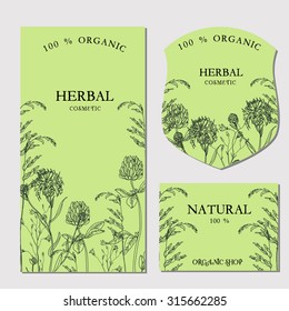 Vector template Label 
with hand-draw wild flowers and herbs. Layout, mockup design for cosmetics, store, label, natural and organic products