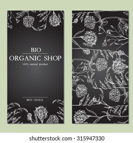 Vector template Label with hand-draw wild flowers and herbs. Layout, mockup design for cosmetics, store, label, natural and organic products