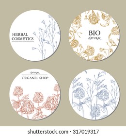 Vector template Label with hand-draw wild flowers and herbs. Layout, mockup design for cosmetics, store, spa, label, natural and organic products