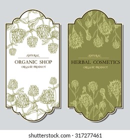 Vector template label with hand-draw wild flowers and herbs. Layout, mockup design for cosmetics, store, label, natural and organic products