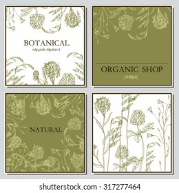 Vector template label with hand-draw wild flowers and herbs. Layout, mockup design for cosmetics, store, label, natural and organic products