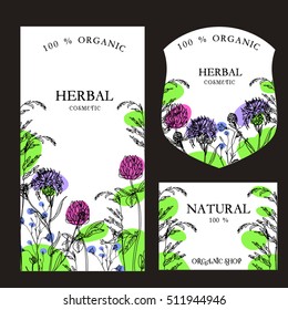 Vector template label with hand-draw wild flowers and herbs. Layout, mockup design for cosmetics, store, natural and organic products