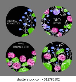 Vector template label with hand-draw wild flowers and herbs. Layout, mockup design for cosmetics, store, natural and organic products