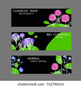 Vector template label with hand-draw wild flowers and herbs. Layout, mockup design for cosmetics, store, natural and organic products