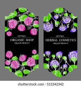 Vector template label with hand-draw wild flowers and herbs. Layout, mockup design for cosmetics, store, natural and organic products