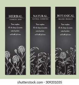 Vector template labels with hand-draw wild flowers and herbs. Layout, mockup design for cosmetics, store,  natural and organic products