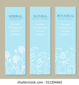 Vector template labels with hand-draw wild flowers and herbs. Layout, mockup design for cosmetics, store, beauty salon, natural and organic products